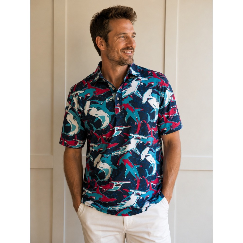 Waggle Golf Hammerhead Shark Polo Shirt Mens Medium Teal Pink Navy Performance